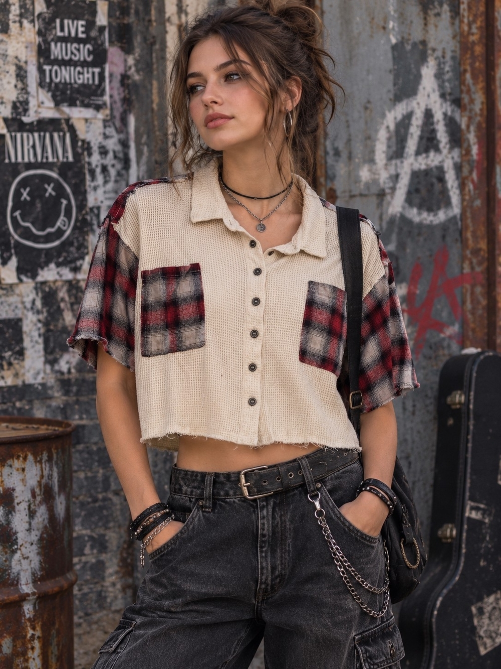POL Cropped Button-Up Top in Cream with Red Plaid Accents